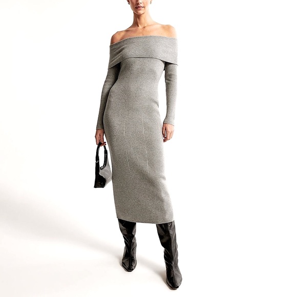 ABERCROMBIE GRAY KNIT OFF SHOULDER MIDI DRESS WINTER HOLIDAY GIFT ROMANTIC  L - Picture 2 of 10